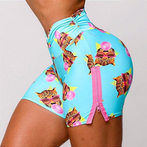 Shorts Ziper Empina BumBum Azul Algodão Doce - Estampa Chiclete