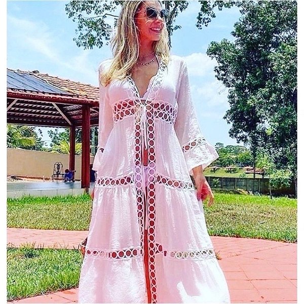 Kimono / Saida de Praia Longa 100% Algodão com Renda