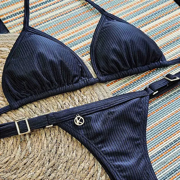 Conjunto de Biquini de Fita Preto Ônix Premium Cirrê Texturizado com leve brilho