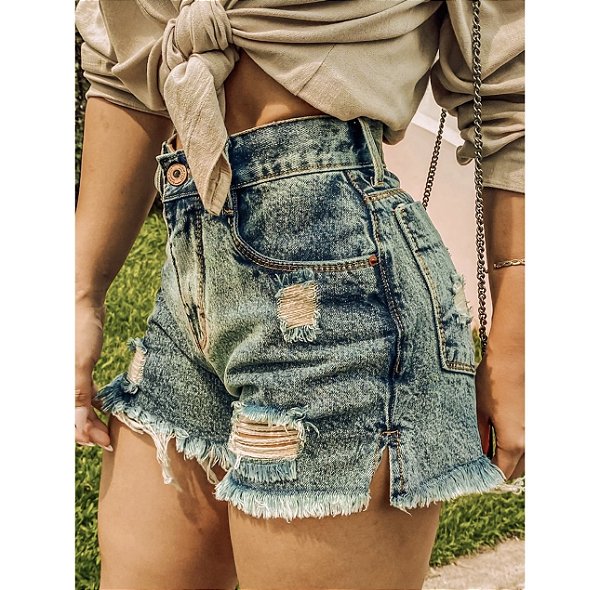 Shorts Destroyed jeans amarelado Cintura Alta 100% Algodão Original