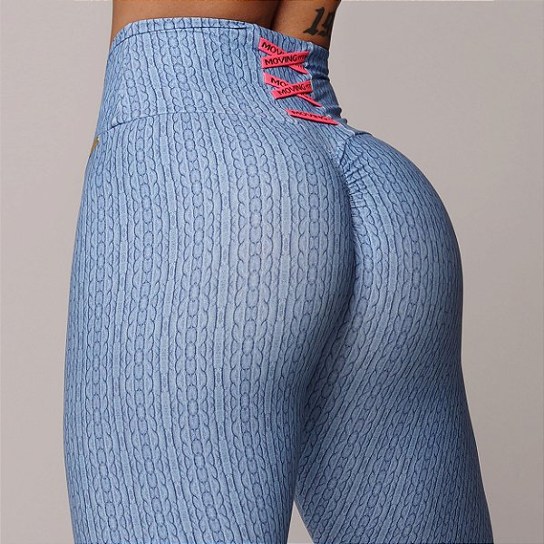 Legging Cross Over Empina Bum-Bum Estampa Welt Azul Celeste