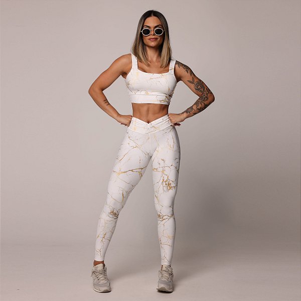 Conjunto Faixa Jump c/ Legging Fru-Fru Empina Bumbum+ Top Faixa - Estampa Marmorizado Dourado c/ Branco