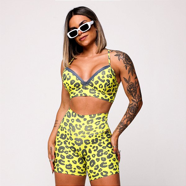Conjunto Shorts Zíper Estampa Onça Neon