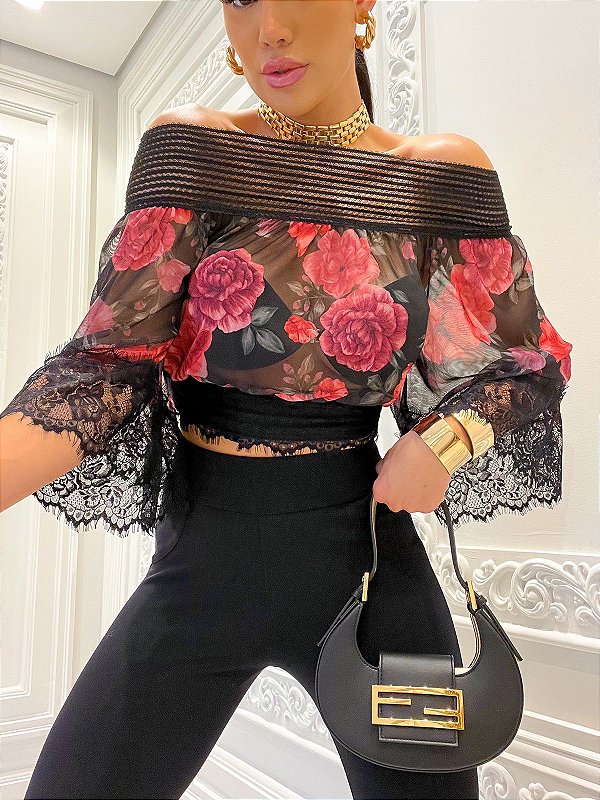 Cropped Ciganinha Tule Roses Ombro-a-Ombro