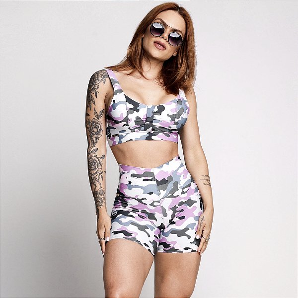 Conjunto Preppy Shorts Jump Push Up Estampa Militar Lavanda