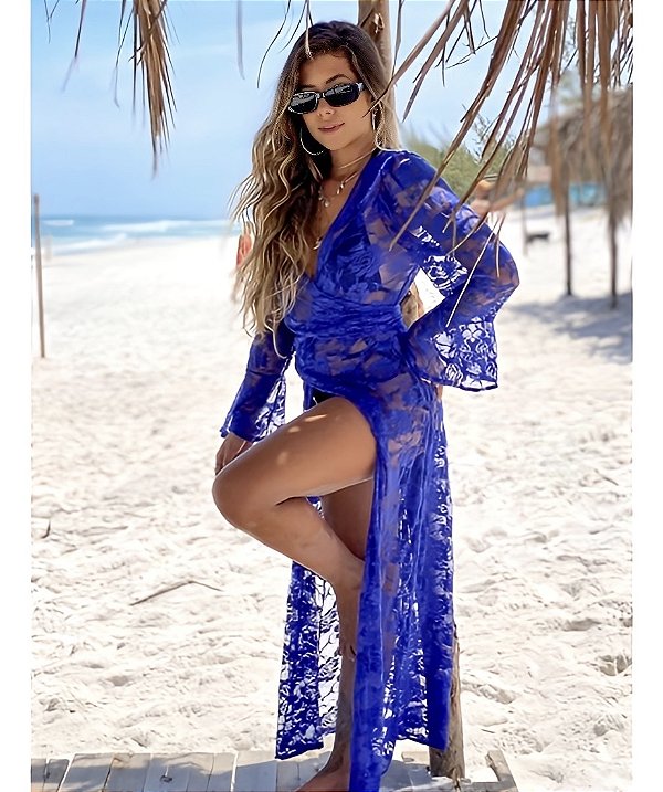 Saída de Praia Kimono em Renda Longa Mangas abertas Azul Royal