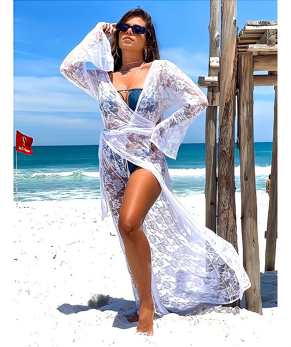 Saída de Praia Kimono em Renda Longa Mangas abertas Branca
