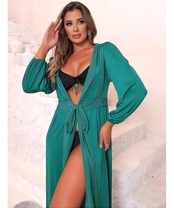 Saída de Praia ou Kimono Liso Longo Mangas bufantes Verde Petróleo