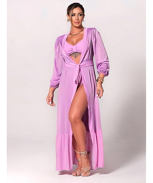 Saída de Praia ou Kimono Liso Longo Mangas bufantes Lavanda