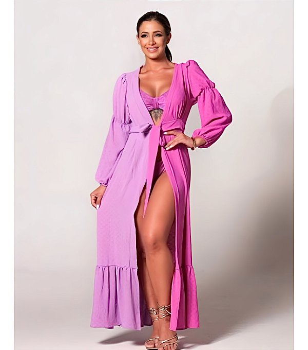 Saída de Praia ou Kimono Bicolor Liso Longo Mangas bufantes Lavanda com Rosa