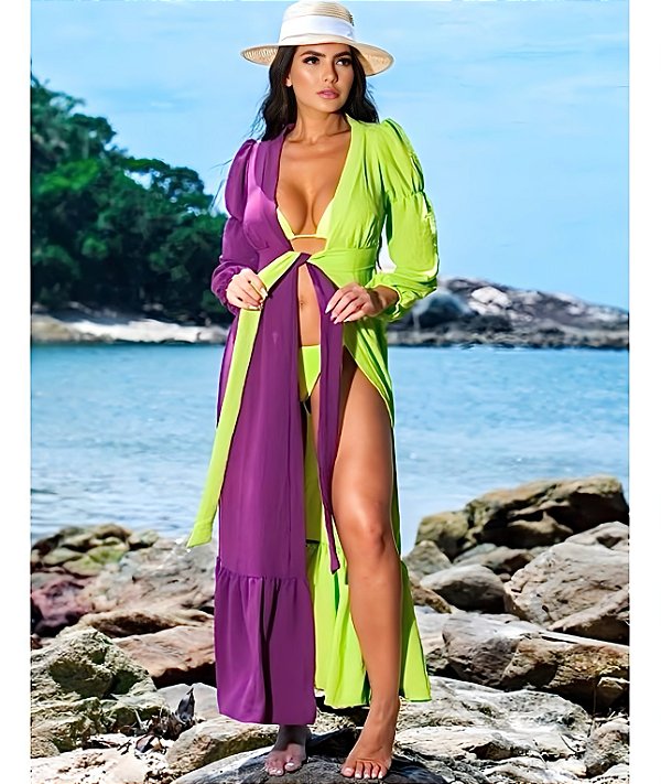 Saída de Praia ou Kimono Bicolor Liso Longo Mangas bufantes Verde Lima com Uva