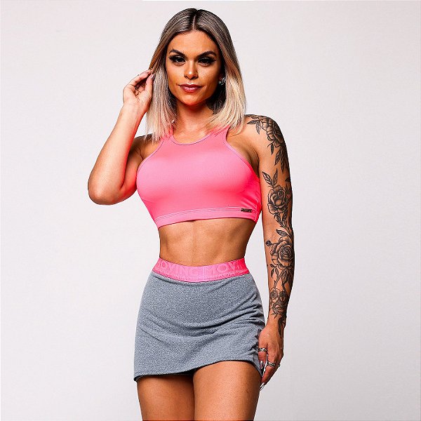Conjunto Torino Beach c/ Shorts-Saia mini-saia Elastic Cinza Mescla c/ Rosa Fluor Neon