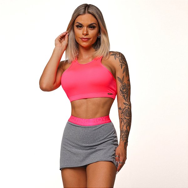 Conjunto Torino Beach c/ Shorts-Saia Elastic Cinza Mescla c/ Rosa Fluor Neon