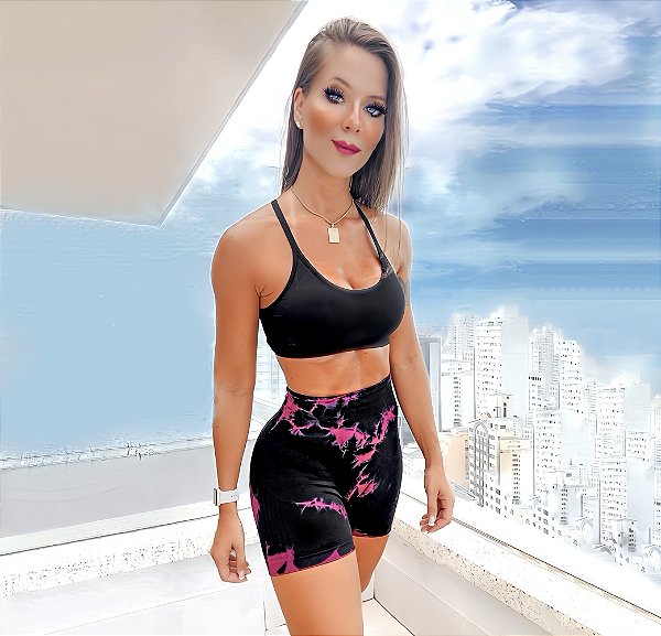 Conjunto Rock Paint Seamless Gringa Mood (Sem Costura) Zero Transparência Alta Compressão Modelador Estampa Tie Dye Pink e Preto