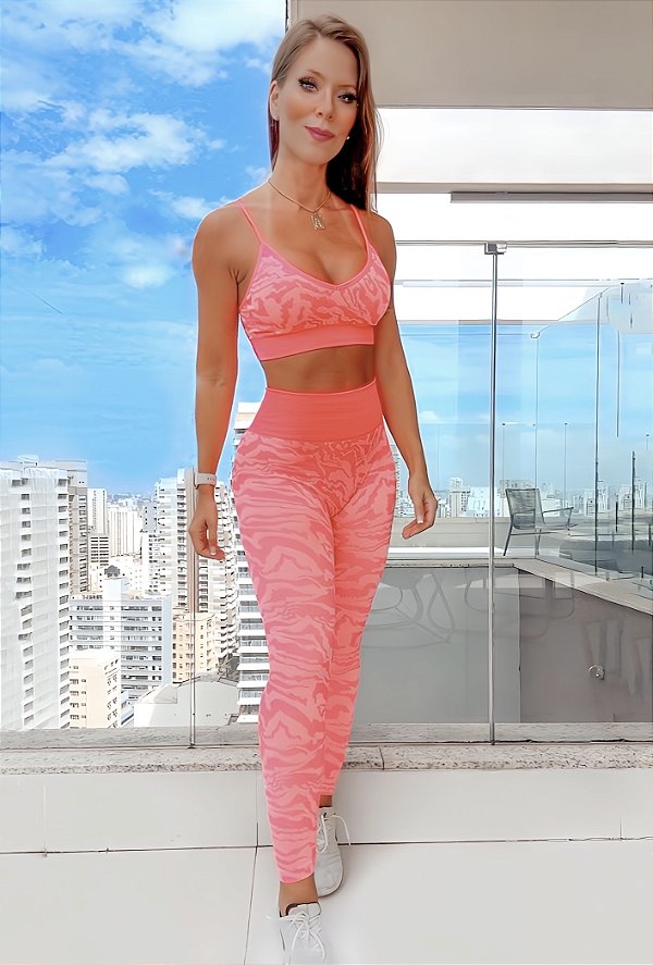 Conjunto Tiger Seamless Gringa Mood (Sem Costura) Zero Transparência Alta Compressão Modelador c/ Legging Estampa Tigre Rosa Flúor Neon