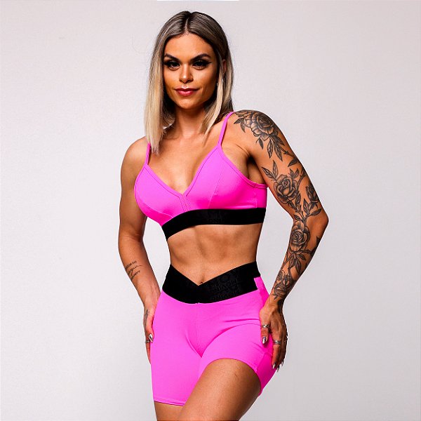 Conjunto Elastics X Preto c/ Rosa Neon