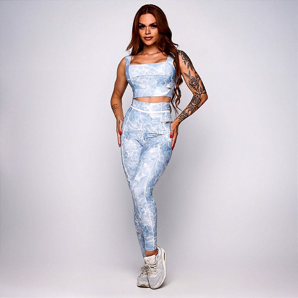 Conjunto Line Faixa Alças Fixas Suplex Light Zero Transparência Estampa Fake Jeans Crystal Sky