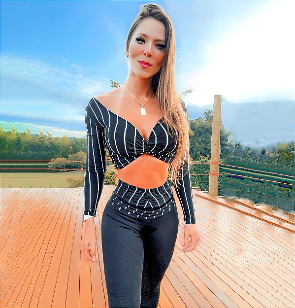 Conjunto Chapa-Barriga Total Shape Zero Transparência Alta Compressão Preto e Estampa Listras