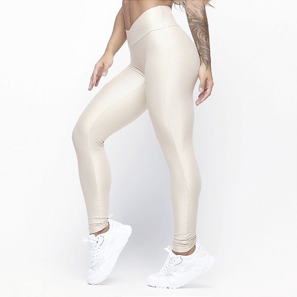 Legging V Alta Compressão Cirrê Texturizada Pérola Acetinado Golden Tiger