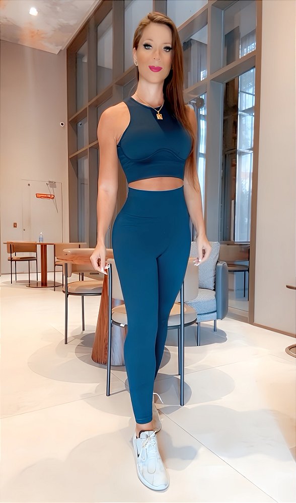 Conjunto Aro Wave Athleisure Jacquard Premium Chapa-Barriga, Zero Transparência, Alta Compressão e Canelado 3D Azul Marinho