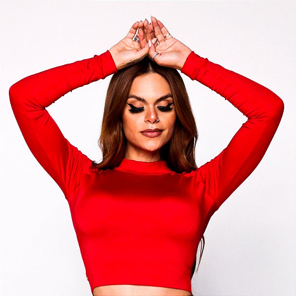 Cropped Carmel Manga Longa Zero Transparência Vermelho Acetinado