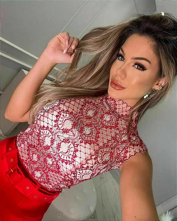 Body Renda vermelha em Tulê c/ Top e bojo embutido Brancos golinha alta