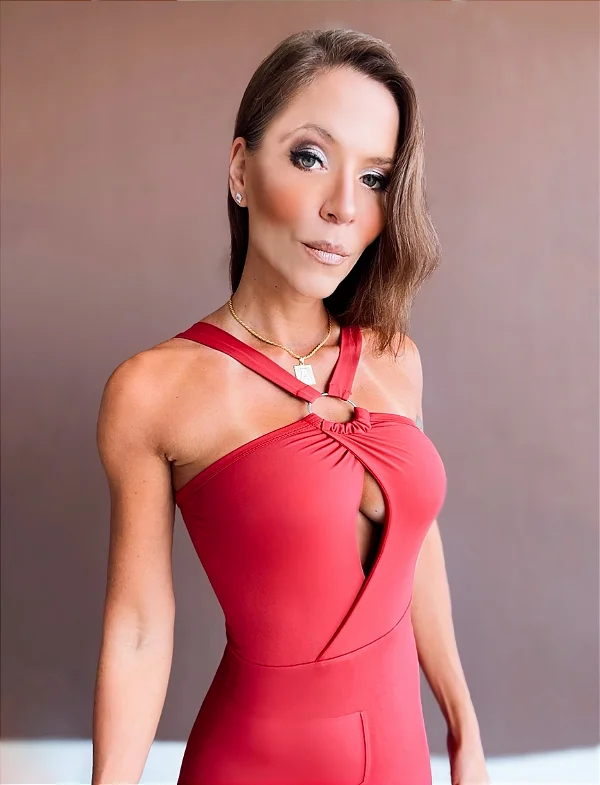 Macacão Argola Alta Compressão Zero Transparência Decote Aberto Vermelho Escuro