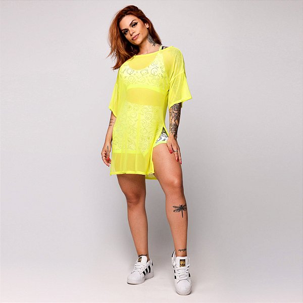 Chemise (Camisetão) Oversized em Tulê Casual / Academia / Saída de Praia Amarelo Neon