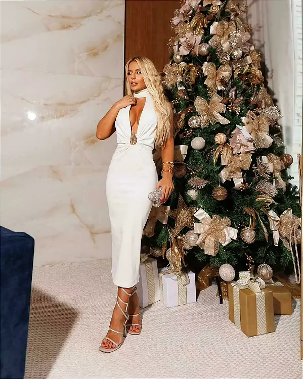 Vestido midi longo França Off White / Branco