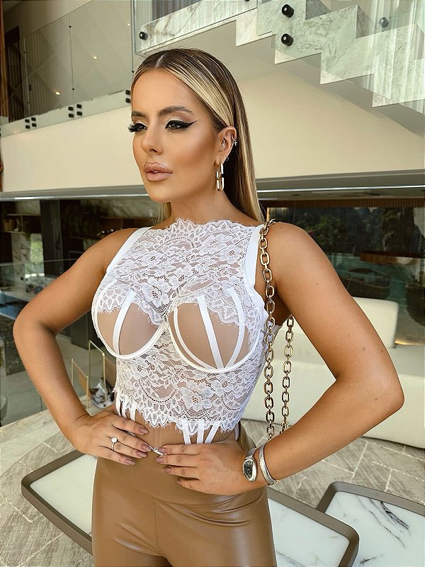 Body Luxo Ellegance Renda Francesa Branco e Nude