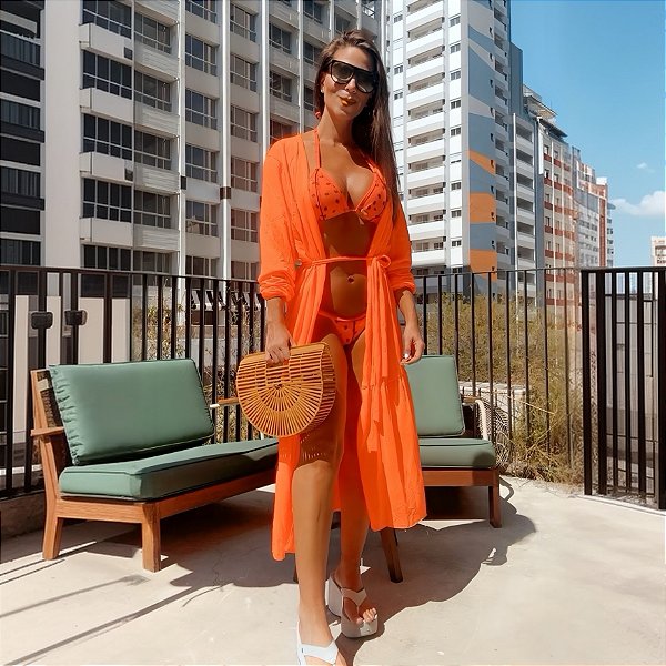 Kimono / Saída de Praia com Fita de Amarração em Crepe Laranja Neon