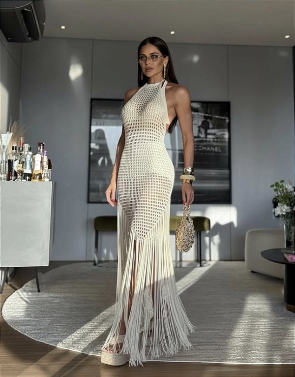 Vestido Santorine 3 em 1 Franjas e detalhes em Macrame Longo Off White