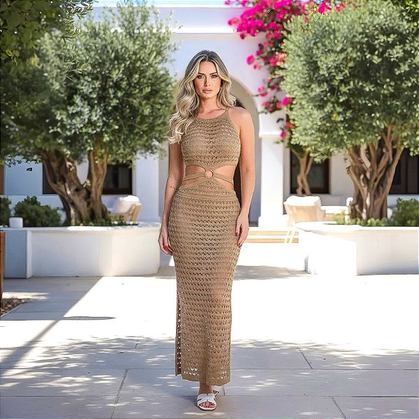 Vestido Berlin Longo Marrom Avelã Dourado