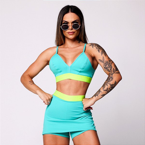 Conjunto Milano Fitness ou Beach Tennis c/ Shorts-Saia Mini Saia Elastic Verde Turquesa com Amarelo Neon
