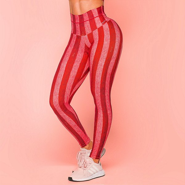 Legging Chade Estampa Retrô Fit Lines Rosê e Vermelho Zero Transparência