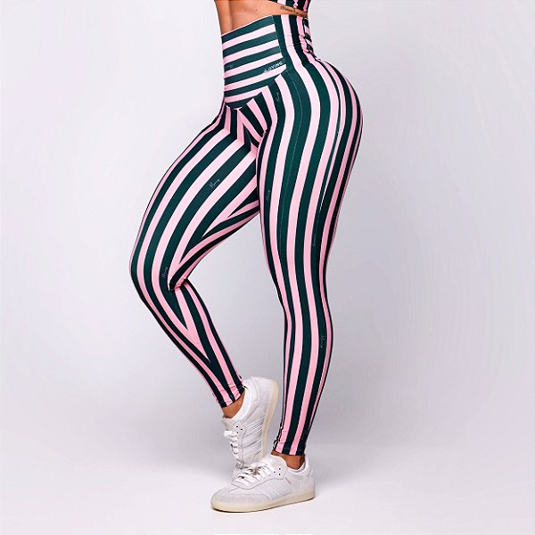 Legging Viena Estampa Retrô Fit Lines Rosê e Verde Dopamina Zero Transparência