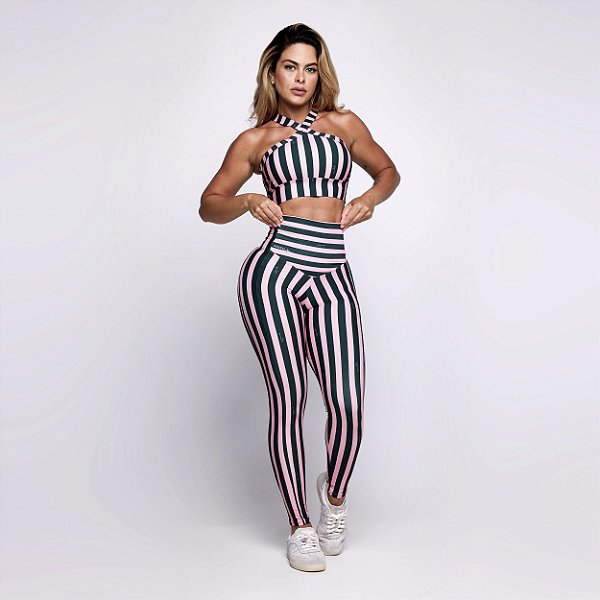 Conjunto Tulipa Viena Estampa Retrô Fit Lines Rosê e Verde Dopamina Zero Transparência