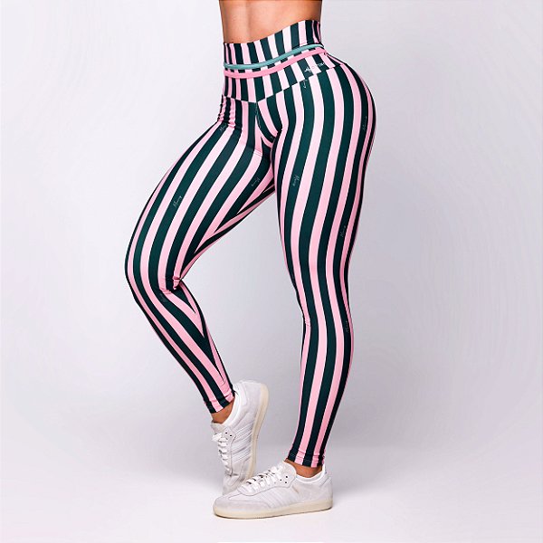 Legging Basica com Empina BumBum Zero Transparência Estampa Retrô Fit Lines Rosa e Verde Dopamine