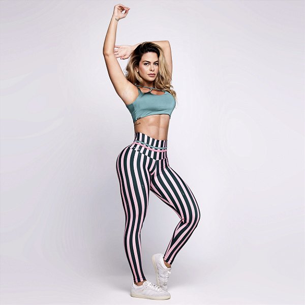 Conjunto Seattle Lines com Empina BumBum Zero Transparência Estampa Retrô Fit Lines Rosa e Verde Dopamine