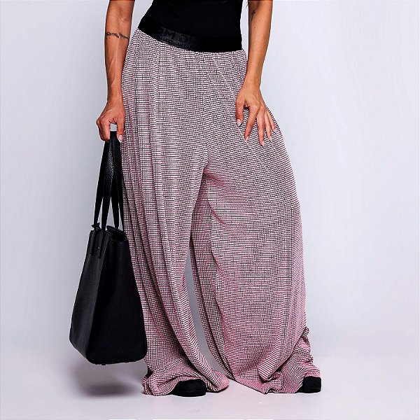 Calça Pantalona Elastico Poliamida Premium Alta Gramatura Texturizado Blackout Zero Transparência Estampa Tweed Chanel Inspired Rosa