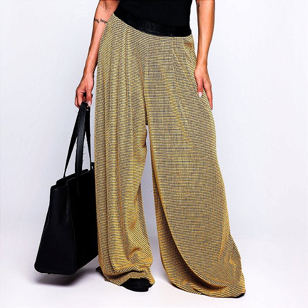 Calça Pantalona Elastico Poliamida Premium Alta Gramatura Texturizado Blackout Zero Transparência Estampa Tweed Chanel Inspired Amarelo Ouro