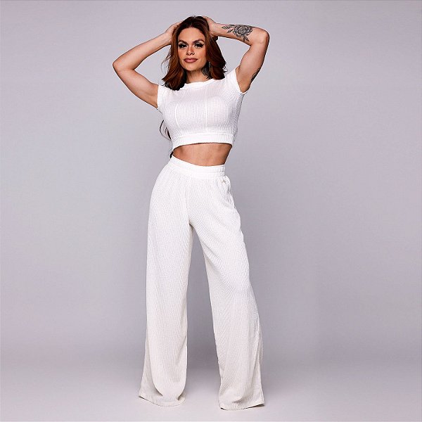 Conjunto Cropped e Calça Pantalona Malta Cut Algodão “Malha Podrinha” Canelado 3D Texturizada Off White