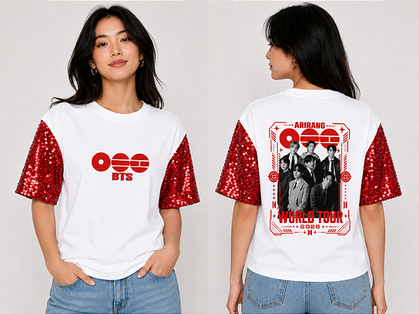 Camiseta BTS Arirang foto frente e costas (Manga com /sem paetê)