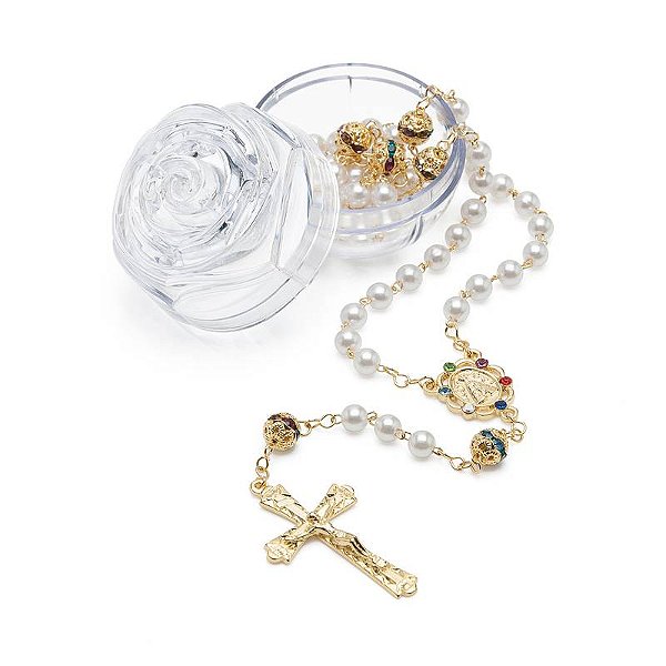 Terço Dourado com Strass Colorido