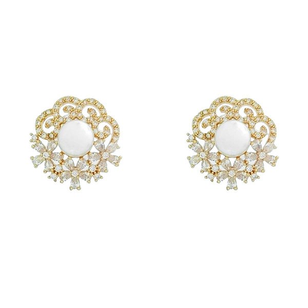 Brinco Stud Flor com Pérola Branca