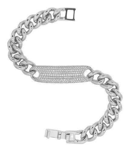 Pulseira Prata Elos com Plaquinha e Pedras Zircônias Cravejadas