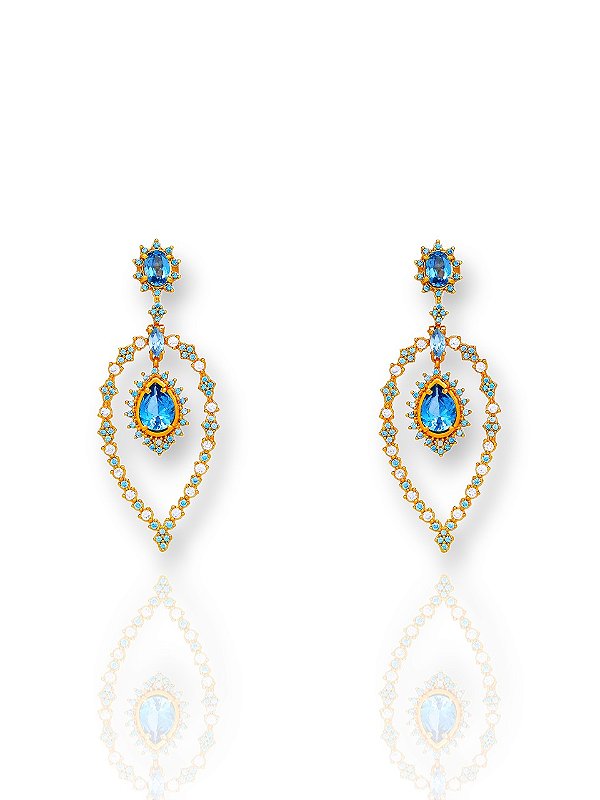 Brinco Semijoia Folheado a Ouro Gota d'Água com Zircônias Azul Claro
