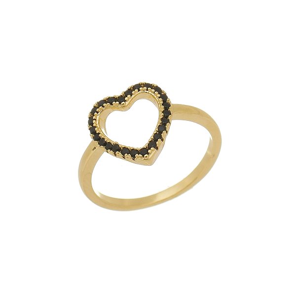 Anel Coração Vazado Zircônia Black Banhado a Ouro 18K
