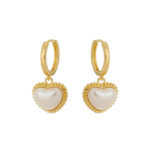 Brinco Argolinha Coração Madre Pérola Banhado a Ouro 18K