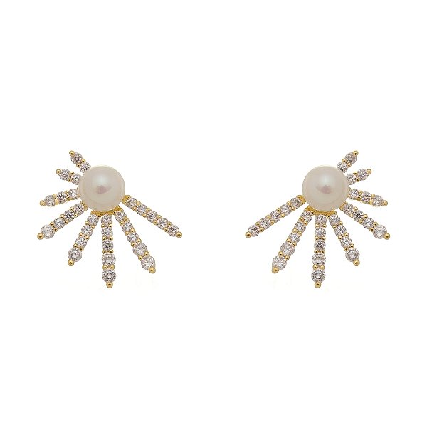 Brinco Flor Pérola e Zircônia Banhado a Ouro 18K